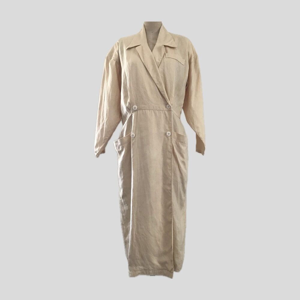 Vintage 1980s Butter Yellow Neutral Linen Dolman Sleeve Chic Midi Shirt Dress L